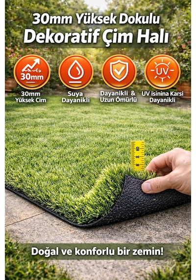 30mm Dekoratif Çim Halı Doğal Görünüm, Konforlu Kullanım 200 x 250