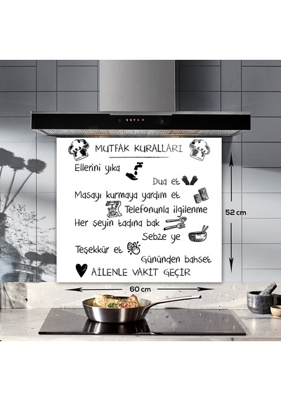 Decorita Beyaz Mutfak Kuralları | Cam Ocak Arkası | 52cm x 60cm