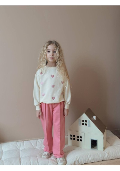 Miniko Kids Kız Çocuk Kalp Modelli Geniş Paça Pamuk Takım Pembe