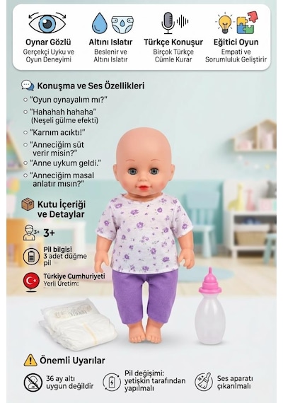 Altını Islatan Bebek Türkçe Konuşan Eğitici Kolları Kafası Ve Bacakları Et Oyuncak Bebek 52402602