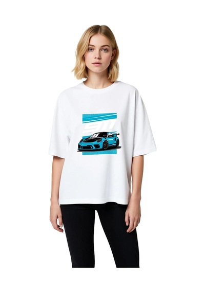 Paybuy Kadın Oversize Spor Araba Baskılı Tişört Retro Tasarım Rahat Kesi Beyaz