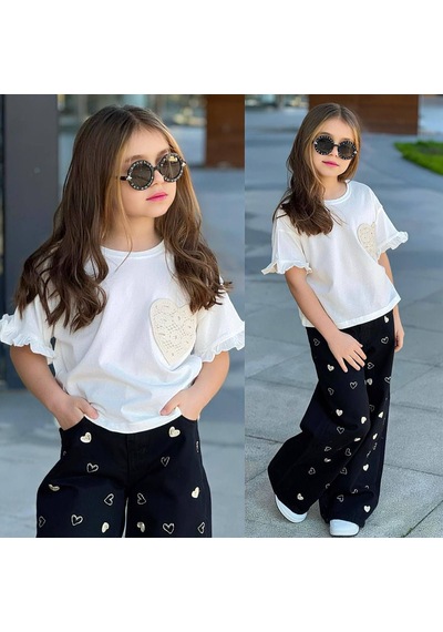 Bam Bam Kalp Nakışlı Kot Pantolonlu Kız İkili Takım 5-14 Yaş -2635685 - Bej
