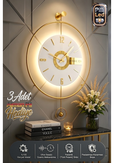MetaQuartz Aksesuar Büyük Boy(50*75 cm)Gold Elit Three (PİLLİ LED SİSTEMİ) , Modern Dekoratif Metal Duvar Saati