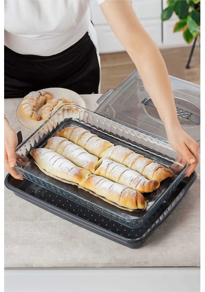 Kilitli Kapaklı Kek Börek Pasta Saklama, Borcam Taşıma Kabı - Kek Fanusu Beyaz