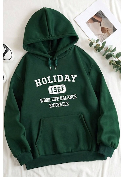 Uyguntarz Holiday Baskılı Unisex Oversize Sweatshirt Yeşil