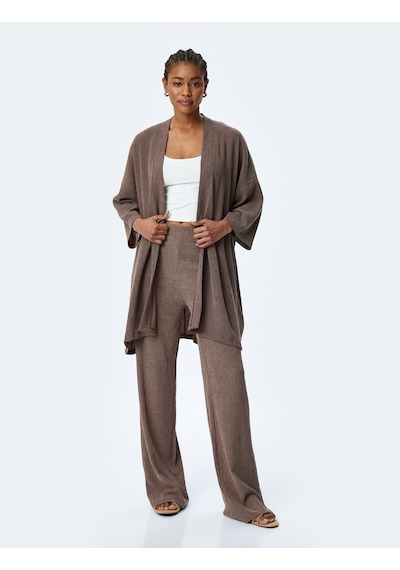 Koton Viskon Karışımlı Rahat Kalıp Geniş Uzun Kollu Kimono Kahverengi 5sak30054ek Kahve