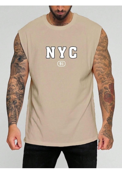 Nyc 91 Baskılı Kolsuz Tişört Bej