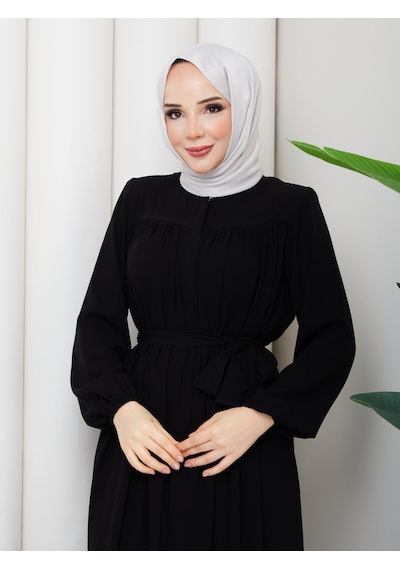 Eslemnur İslami Tesettür Ferace Robalı Büzgülü Medine İpeği Tam Tesettür Siyah