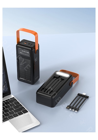 50000 Mah Solar Güneş Enerjili Powerbank - Dijital Göstergeli Led Fenerli Taşınabilir Kampçı Batarya Siyah