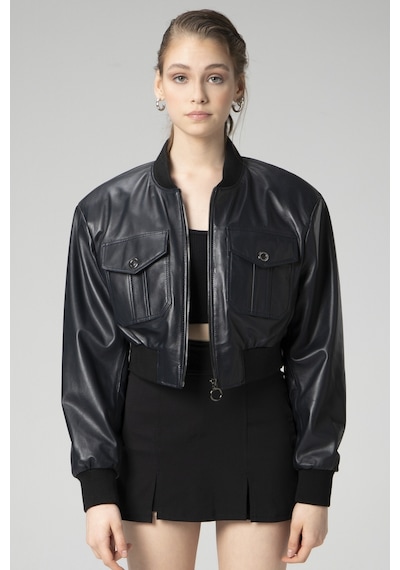 Lacivert Dericlub Wm036 Ribanalı Gerçek Deri Crop Mont
