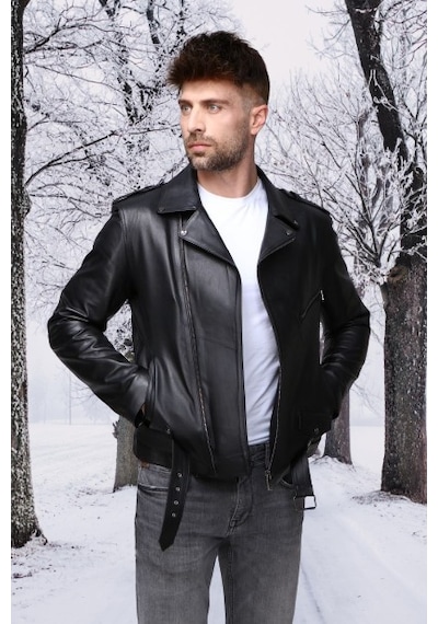 Nyc Giyim Tekstil & Deri Motorcu Tarzı Hakiki Deri Biker Mont Siyah Renk Siyah