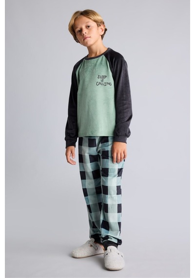 Defacto Baskılı Uzun Kollu Üst Ekose Desenli Ekose Kadife Alt 2li Pijama Takımı Erkek Çocuk I2477a826cwgn1129 Yeşil-gn1129