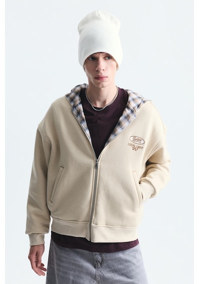 Vamos Boxy Fit Fermuarlı Kapüşonlu Sweatshirt V70-245 Bej