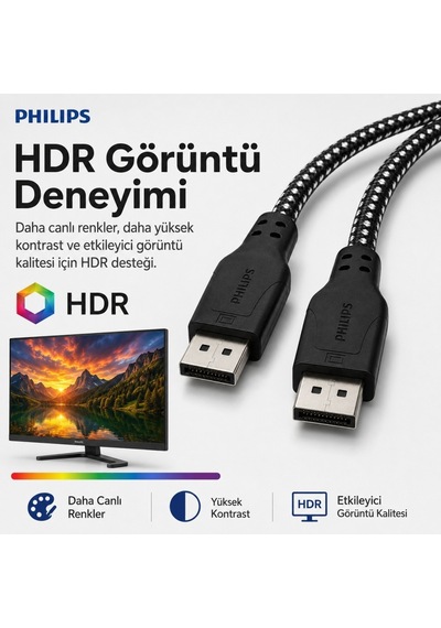 Philips Swr3139b 2 Metre Örgülü Displayport 1.4 Kablo, Dsc, 8k 60hz, 4k 240hz, 2k 360hz, 1080p 480hz, Hdr, 32.4 Gbps Dp Kablo 59400937