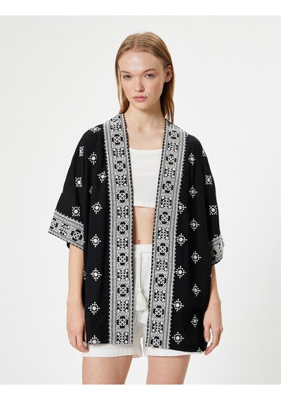 Koton Viskon Kimono Nakışlı Siyah Desenli 4sal50005ıw Siyah