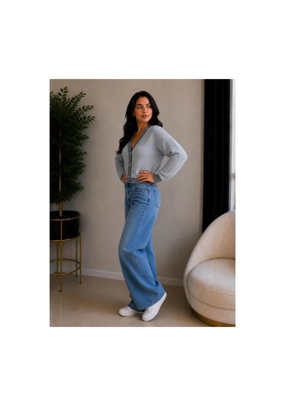 Hira Life Fashion Kadın V Yaka Düğmeli Şeritli Kısa Crop Ceket-hırka Gri Gri