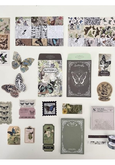 Vintage Butterfly Archive Kelebek Temalı 140 Parça Dopdolu Journal Scrapbook Seti/defter/washi