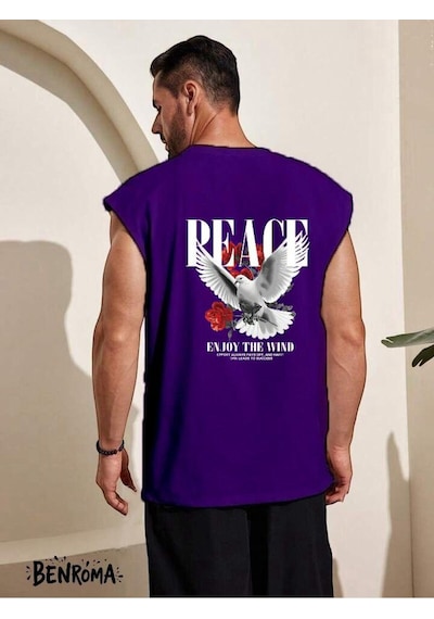Peace Enjoy The Wind Güvercin Baskılı Kolsuz Tişört Mor