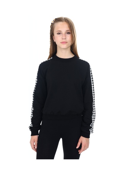 Kız Çocuk Relax Fit Dik Yaka Düşük Omuz Kolu Garnili Sweatshirt - 2 İplik Siyah