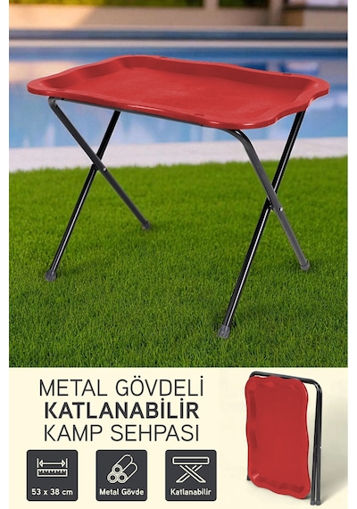 İronika Metal Gövdeli Portatif Katlanabilir Kamp Piknik Balkon Sehpası Masası Kırmızı Kırmızı