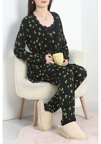 Seka Store Seka Viskon 3'lü Set Pijama Takımı Siyahsarı - 70099.1050. Çok Renkli