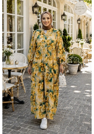 Hb Harma Time Butik Kadın Düğmeli Çiçek Desenli Sarı Modal Elbise Hardal