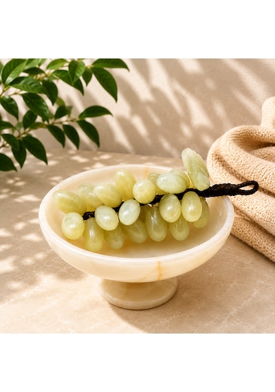 Feng Shui Bereket Üzümü Ve Van Taşı Ayaklı Çanak Seti 30 Taneli Doğal Taş Üzüm Salkımı Dekor 5 İnç El Yapımı Çanak Yeşil