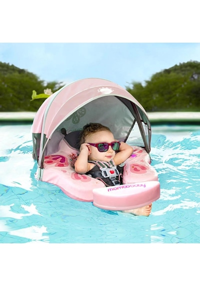 Mambobaby Yüzme Simidi - Pembe Kelebek, Emniyetli, Gölgelikli Ve Ayak Destekli