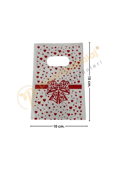 Kırmızı Fiyonk & Kalp Desenli Hediyelik Poşet 10x15 Cm