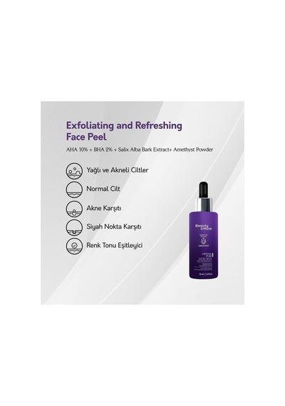 Ametist Crystal Pure Canlandırıcı Ve Cilt Tonu Eşitleyici Yüz Peelingi 30 Ml Aha 10% + Bha 2%+ Salix Alba Bark Extract+ Ametist Powder