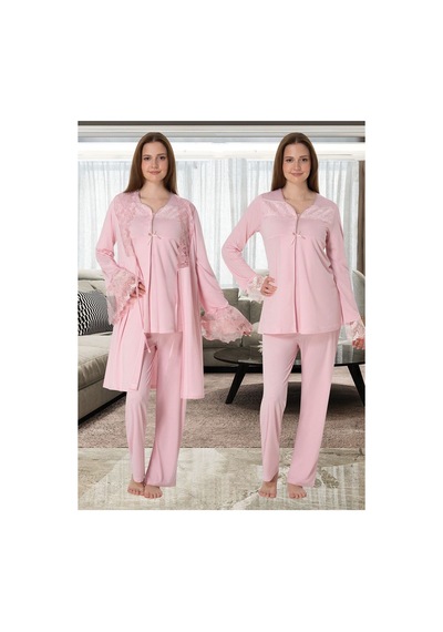 Effortt Dvina Lohusa Hamile Sabahlık Ve Uzun Kollu Pijama Takımı - 3'lü Set - Pembe Pembe