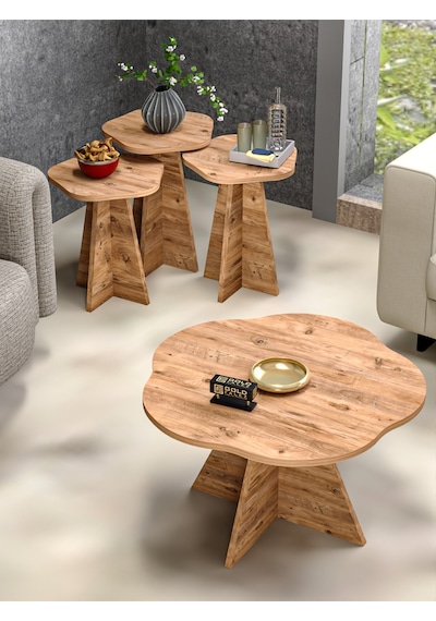 Orta Sehpa Ve Zigon Sehpa 4 Lü Set Dekoratif Yuvarlak Sehpa Yan Sehpa Masa Çiçek Formlu Kahverengi Orta Sehpa Ve Zigon Sehpa 4 Lü Set Dekoratif Yuvarlak Sehpa Yan Sehpa Masa Çiçek Formlu Kahverengi