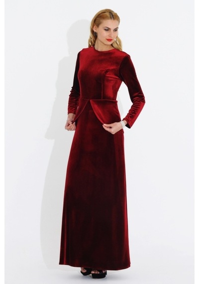 Nidya Moda Büyük Beden Kadife Peplumlu Elbise-4044B Kırmızı