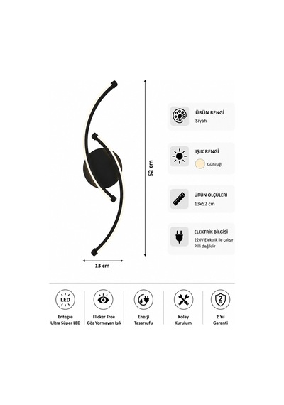 Bero Modern Led Duvar Apliği Günışığı Siyah