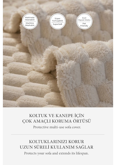 Soft Kürklü Koltuk Örtüsü 170x215 Cm Yumuşak Peluş Kaymaz Taban Kanepe Örtüsü Bej