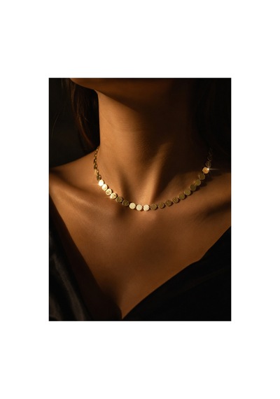 Hasır Dokulu Yuvarlak Pul Plakalı Choker 14 K Altın Kaplama Çelik Kolye