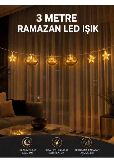 3 Metre Ramazan Led Saçak Işık Ev İçi Dekoratif Aydınlatma Altın Sarısı
