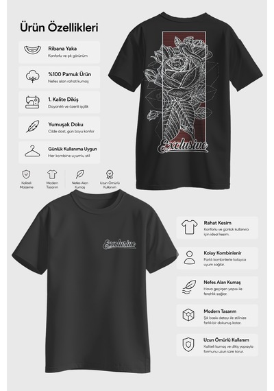 Spoyi Line Rose Tasarımlı %100 Pamuk Yarım Oversize Siyah T-shirt