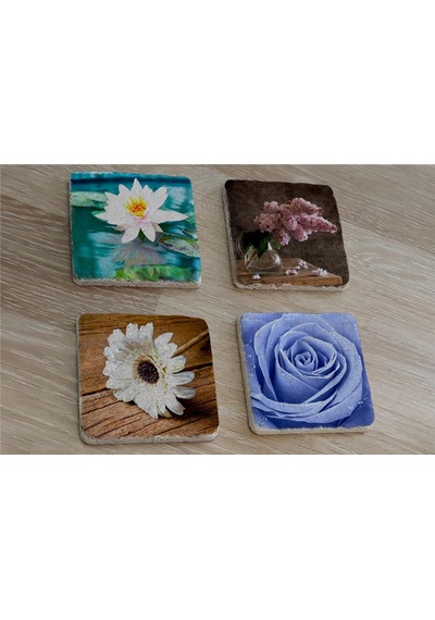 Mavi Gül Ve Çiçekler Doğal Taş Bardak Altlığı 4'lü Set - Natural Stone Coasters - Taş Çok Renkli