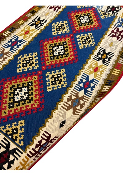 El Dokuma Sıfır Yahyalı Kilimi 110x200 Kök Boya Mavi Kahve %100 Yün Kilim Renkli