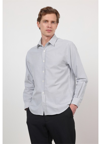 İmza Beyaz - Siyah Sert Yaka Uzun Kol Cepsiz Slim Fit Pamuklu Gömlek 1004260214