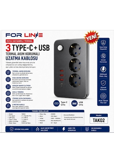 Forline Tak02 3'lü 2mt 1type-c+2usb Çıkışlı Akım Korumalı Grup Priz 2 M