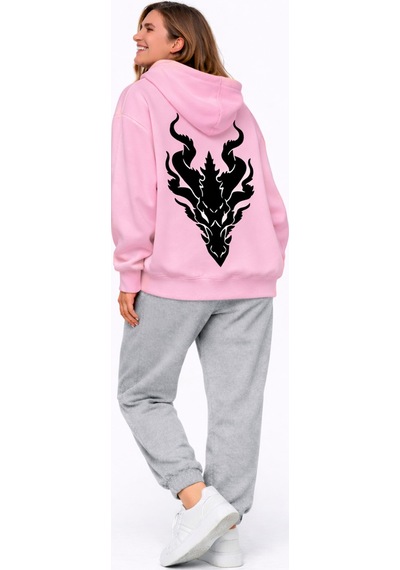 Nevermınd Unisex Ejderha Baskılı Beyaz Sevgili Kombini Oversize Hoodie Seti Pembe Pembe
