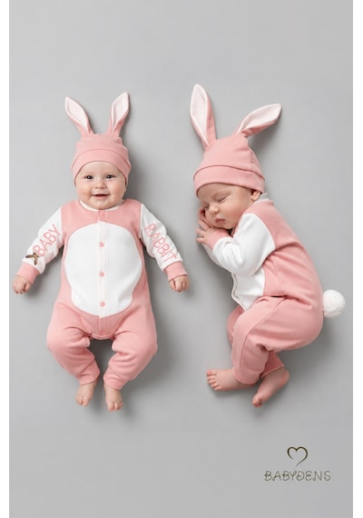 Babyden's Tavşan Kulaklı Yenidoğan Tulum Seti %100 Pamuklu Ayarlanır Ponponlu Unisex Bebek Tulum Şapka Set Pudra Pembe