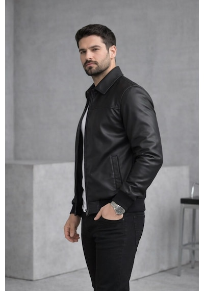Baselco Basic Slim Fit Polo Yaka Süet Ceket Siyah Deri