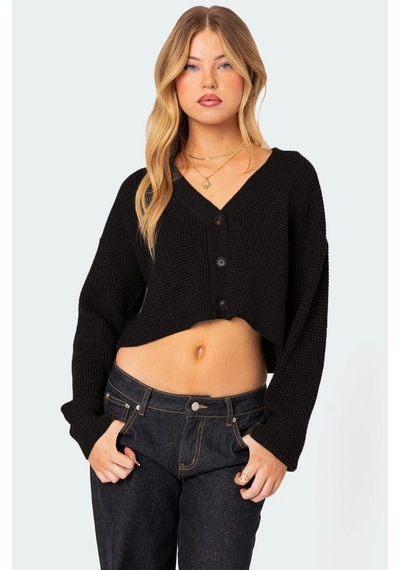 Madmext Siyah Uzun Kollu Düğmeli Crop Hırka Mg2198 Siyah