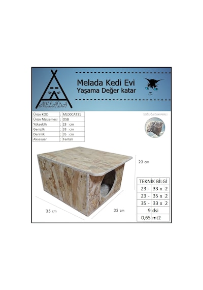 Melada Kedi Evi Dış Ortam Uygun Ahşap Kedi Evi Osb 35x33x23 Cm