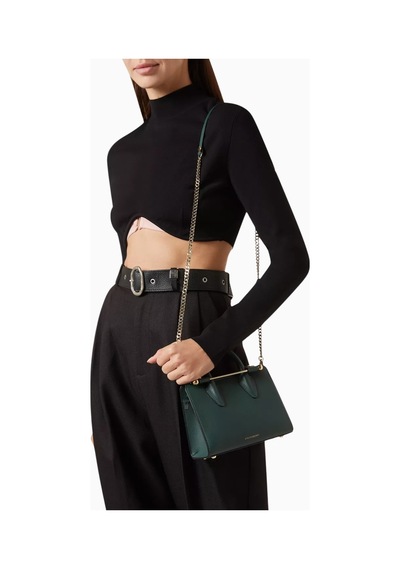 Strathberry Nano Tote Çanta Bottle Green, Deri Ve Zincir Askılı Omuz Çantası Yeşil