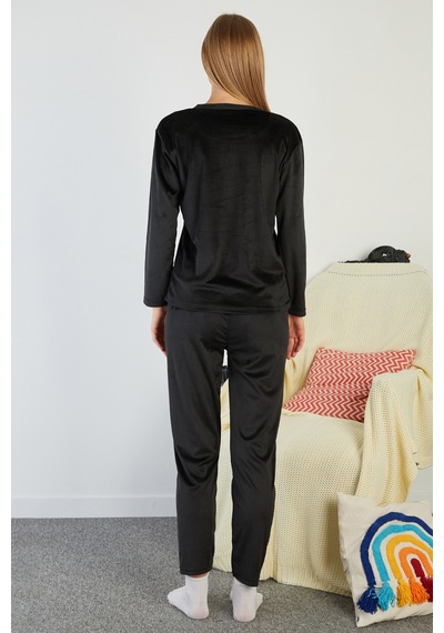 Fullamoda I Love Winter Kabartma Baskılı Kadife Pijama Takımı Siyah