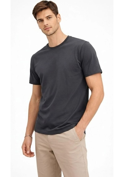 Erkek Bisiklet Yaka Yazlık Kısa Kol Düz Tişört Regular Kalıp T-shirt - Füme